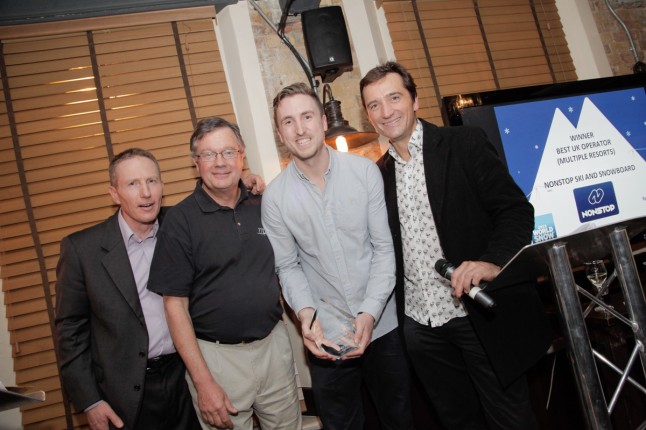 Nonstop's Max (second from right) celebrates our victory with Telegraph Ski & Snowboard editor Henry Druce (left), award sponsor MPI Brokers and Graham Bell (right)