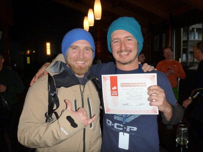 Snowboard Tecnhical Director, James Hyland (left) celebrating with Ryan as he achieves his CASI Level 1