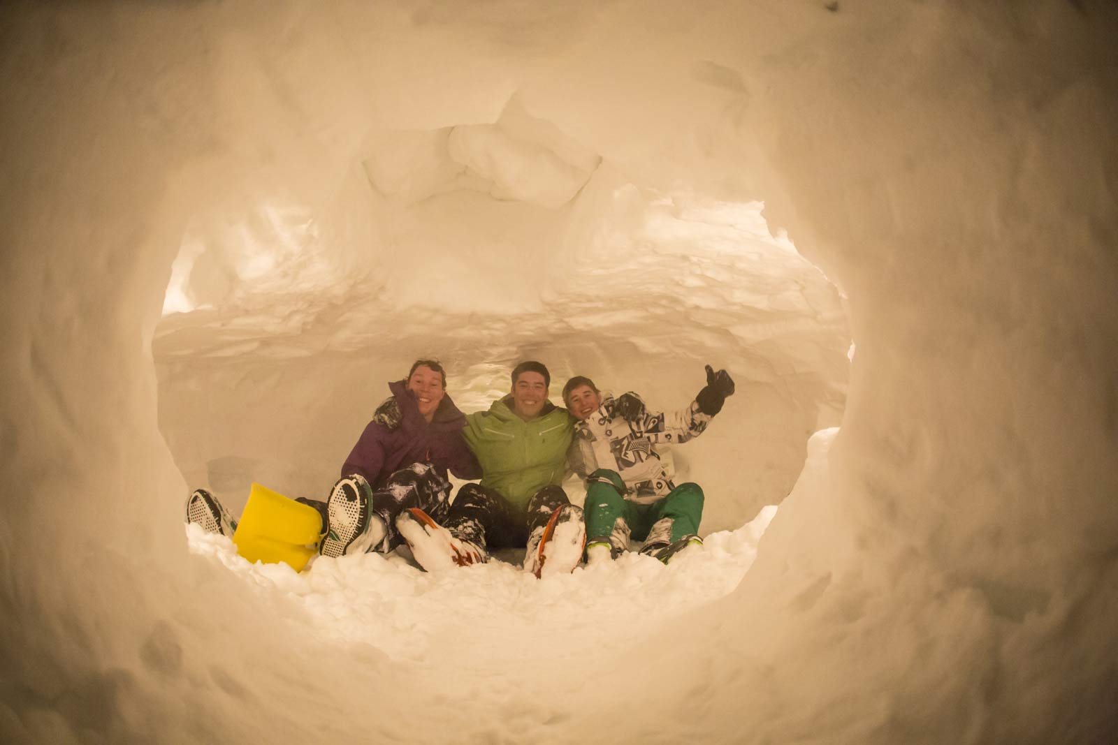Finally, inside their snow cave ready for a cosy night.