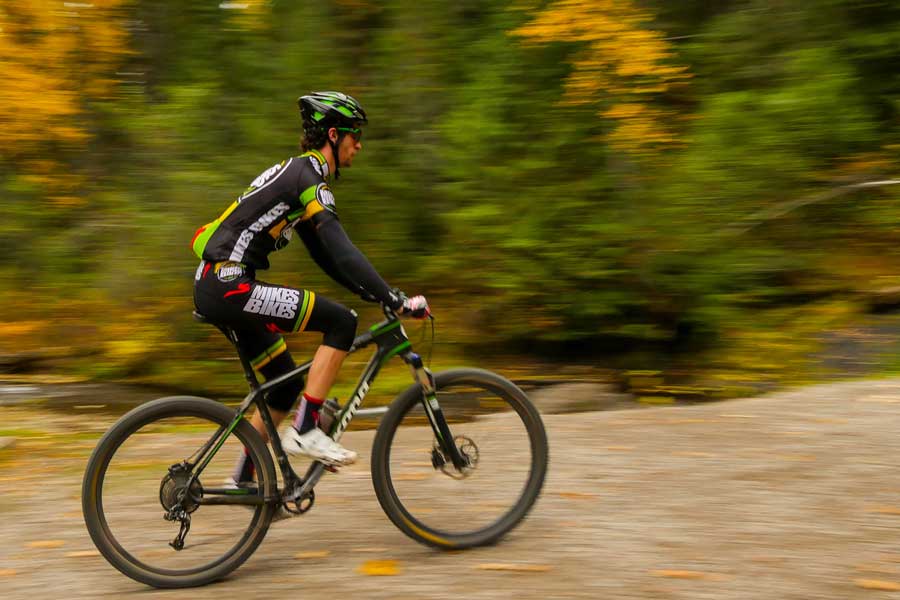 Nonstop Pro Tom Gibson riding one of Fernie's epic mountain bike trails.