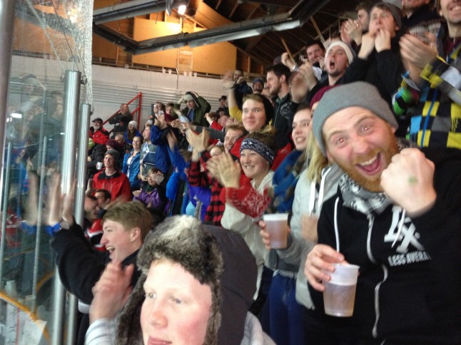 A picture of the nonstoppers watching the Fernie v's Creston hockey match